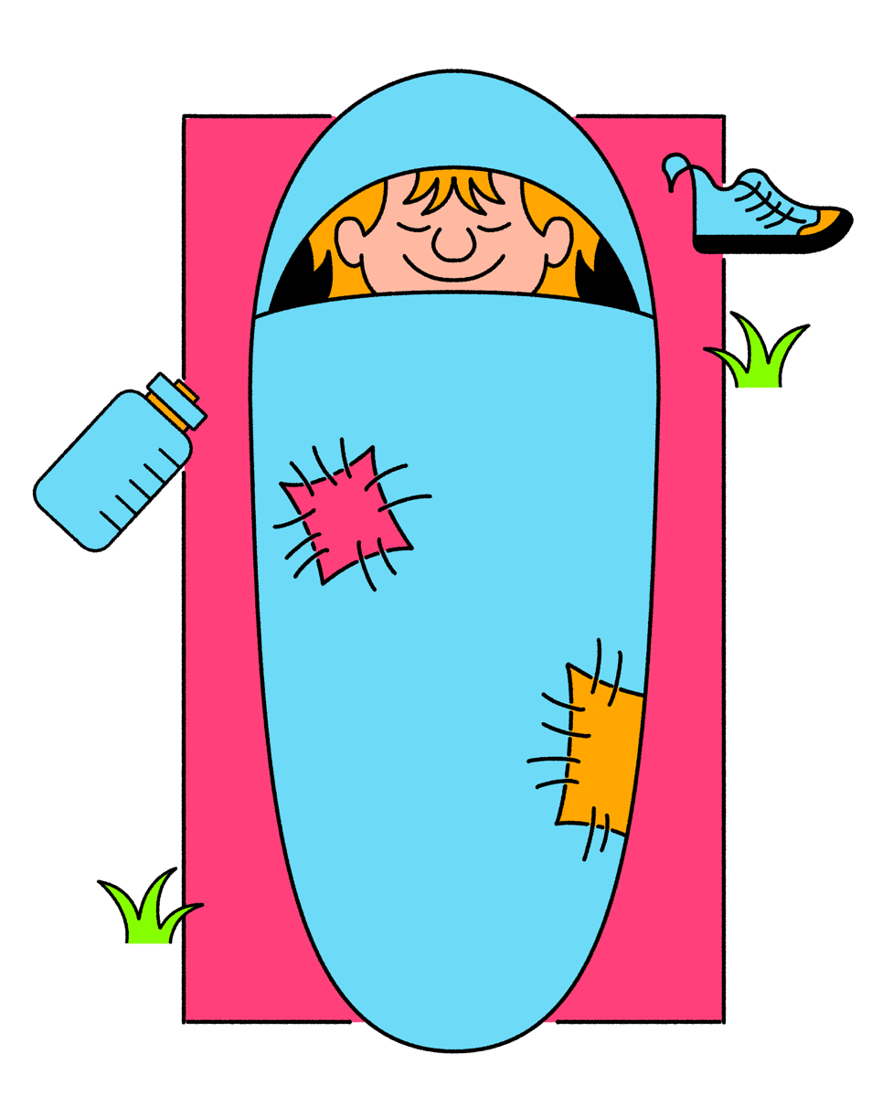 Cartoon rider happily asleep in a patched bivy bag