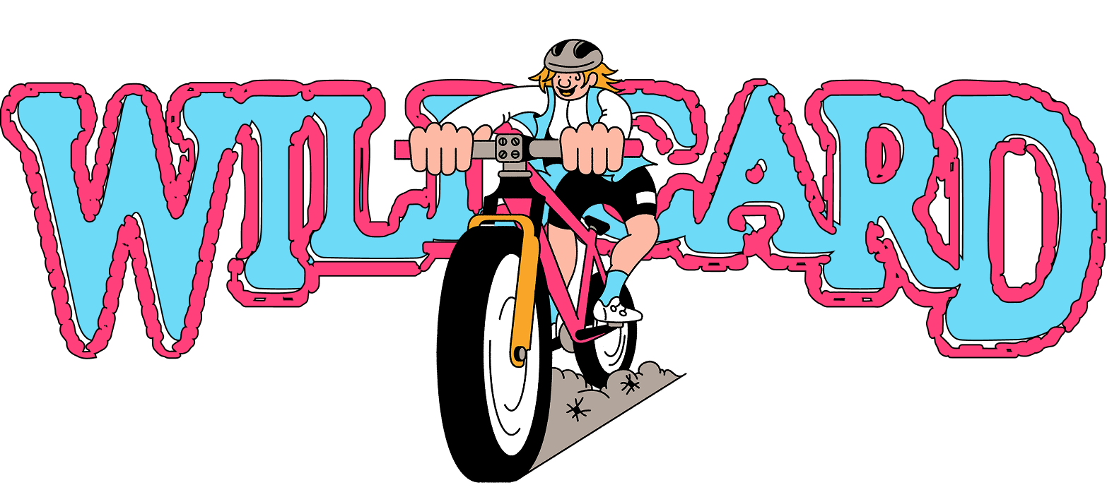 Wildcard — cartoon cyclist bursting through graffiti lettering